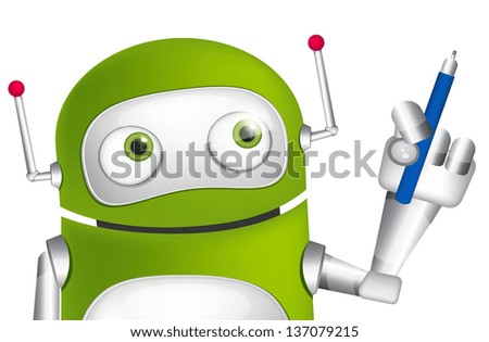 Cartoon Character Cute Robot Isolated on Grey Gradient Background. Writer. Vector EPS 10.