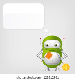 Cartoon Character Cute Robot on Grey Gradient Background. Kniting. Vector EPS 10.