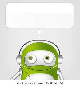 Cartoon Character Cute Robot sobre fondo gradiente gris. Escuchando música. EPS vectorial 10.