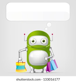 Cartoon Character Cute Robot on Grey Gradient Background. Shopping. Vector EPS 10.