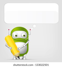 Cartoon Character Cute Robot on Grey Gradient Background. Writer. Vector EPS 10.