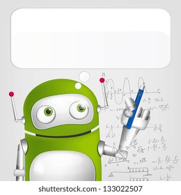 Cartoon Character Cute Robot on Grey Gradient Background. Writer. Vector EPS 10.