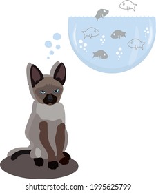 Cartoon character. Cute Siamese kitten dreaming about fish. Baby animal vector illustration. Kitten and fish on white background.