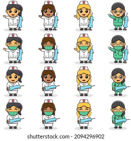 Cartoon Character of Cute Smiling nurse with Syringe. Cartoon woman nurse in white uniform. Vector illustration in character design. Isolated on a White Background