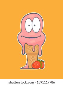 Cartoon character of cute strawberry ice cream with big stared eyes and a couple of strawberries it is melting and smiling. The ice cream character is isolated on an orange background.