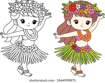 Cartoon character of cute summer hula dancer girl hawaii coloring page for kids. Summer holiday vector illustration