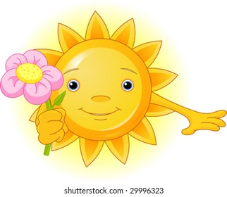 Cartoon Character  of Cute Summer Sun giving a flower