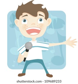 Cartoon Character Cute Teenager Isolated on White Background. Singing. Vector EPS 10.