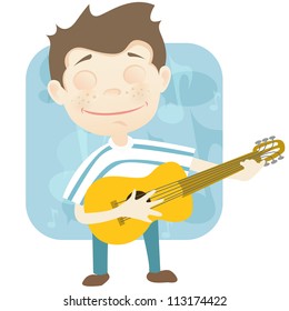 Cartoon Character Cute Teenager Isolated on White Background. Guitarist. Vector EPS 10.