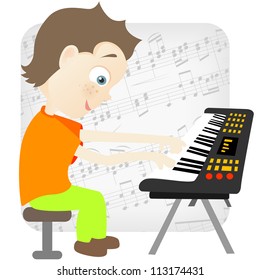 Cartoon Character Cute Teenager Isolated on White Background. Pianist. Vector EPS 10.