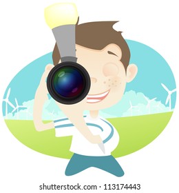 Cartoon Character Cute Teenager Isolated on White Background. Photographer. Vector EPS 10.