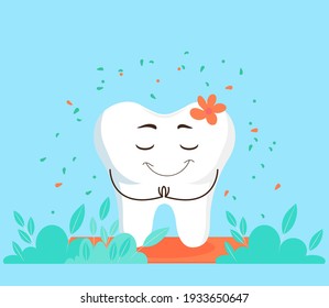 El personaje de caricatura es un diente lindo, tranquilo, que descansa entre la vegetación. Ilustración infantil para odontología.