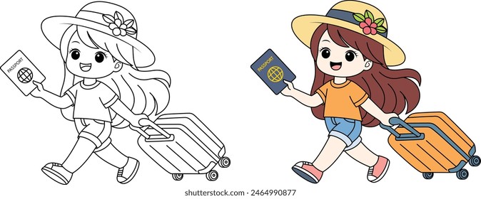 Cartoon character of cute travel girl dragging a suitcase coloring page for kids. Summer holiday vector illustration