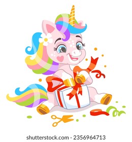 Cartoon character cute unicorn baby packs a gift. Vector illustration isolated on a white background. Happy magic unicorn. For print, design, poster, sticker, card, decoration,t shirt,kids clothes