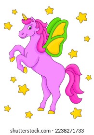 Cartoon character. Cute unicorn with wings reared up. Colorful vector illustration. Isolated on white background. Design element. Template for your design, books, stickers, cards.