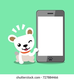 Cartoon character cute white dog and big smartphone
