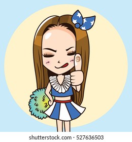 Cartoon Character cute woman in cheerleader uniform thumb up. Vector illustration.