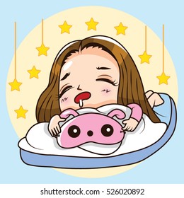 Cartoon Character cute woman sleeping with pink sleeping mask on the bed. Vector illustration.