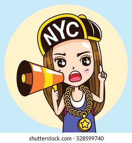 Cartoon Character cute woman speaking with megaphone, announcement concept. Vector illustration.