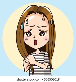 Cartoon Character cute woman wear striped t-shirt worrying with sweat. Vector illustration.