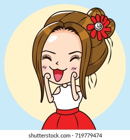 Cartoon Character cute woman wears white t-shirt and red skirt smiling like cat face. Vector illustration.