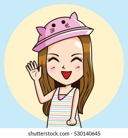 Cartoon Character cute woman were pink hat waving hand and welcome. Vector illustration.