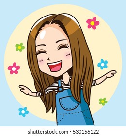 Cartoon Character cute woman were bib overalls spread her arms with flower on background, Happiness concept. Vector illustration.