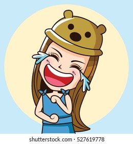 Cartoon Character cute woman in wool hat laughing, Humorous concept. Vector illustration.