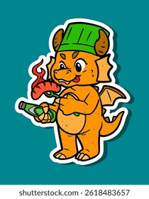 Cartoon Character of a Cute Yellow Dragon with Sausage and Beer