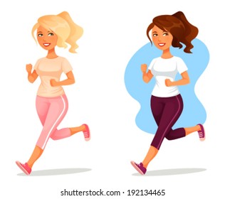 cartoon character of a cute young woman in sport outwear, jogging or running. Healthy lifestyle concept. Isolated on white. Vector eps file.