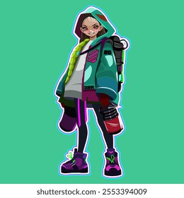 Cartoon character cyberpunk kid girl in anime style