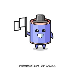 Cartoon character of cylinder piggy bank holding a flag , cute design