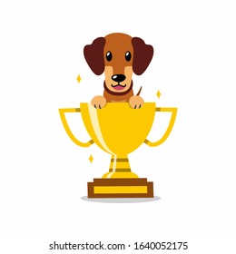 Cartoon character dachshund dog with gold trophy cup award for design.