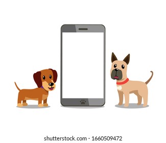 Cartoon character dachshund and great dane dog with smartphone for design.