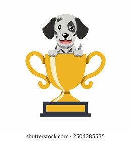Cartoon character dalmatian dog with gold trophy cup award for design.