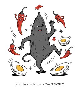 A cartoon character dances amidst smiling chili peppers and halved boiled eggs.