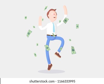 cartoon character dancing with a lot of money. Vector illustration