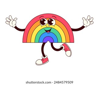 A cartoon character is dancing in a rainbow. The character is smiling and he is happy. The rainbow is colorful and vibrant, and the character's outfit is red and white. Scene is cheerful and joyful