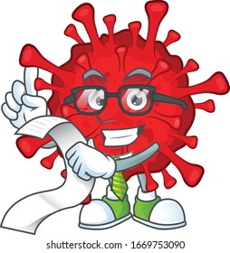 cartoon character of dangerous coronaviruses holding menu on his hand