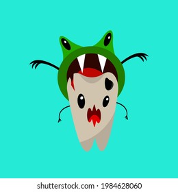 cartoon character darkened tooth screams out of fear it is bitten by an evil bacterium with sharp fangs