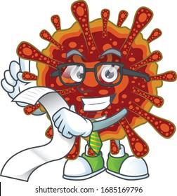 cartoon character of deadly coronvirus holding menu on his hand
