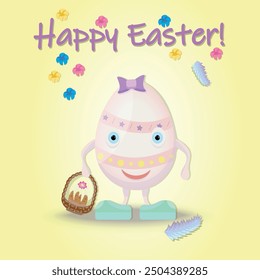 Cartoon character, decorated easter egg with small basket and easter cake in his hand, happy easter holiday