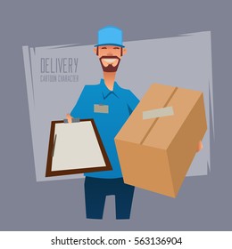 Cartoon character, delivery man carrying parcel and presenting receiving form, delivery service, vector illustration