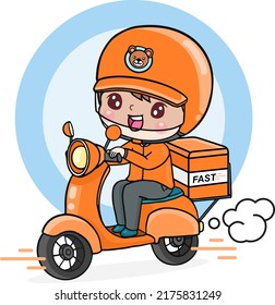 cartoon character delivery man ride motorcycle, shipping fast express flat illustration 