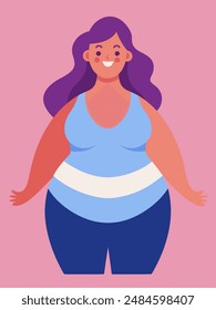 A cartoon character depicted as a woman with purple hair and a large belly