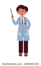Cartoon character depicting a doctor with glasses and a stethoscope, standing confidently in a lab coat. Vector illustration in a flat style on a white background.