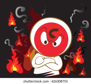 Cartoon character design was ablaze with anger have many fireball and smoke around on background black color. Funny pantomime acting.