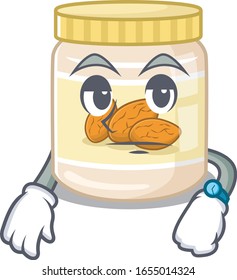 cartoon character design of almond butter on a waiting gesture