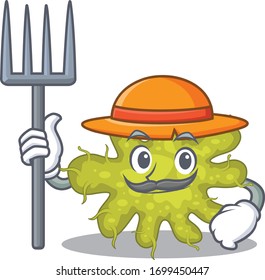 Cartoon character design of bacterium as a Farmer with hat and pitchfork
