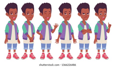 Cartoon character design. Black African American boy. Set of different standing poses, gestures and facial expressions. Vector illustration isolated on white background